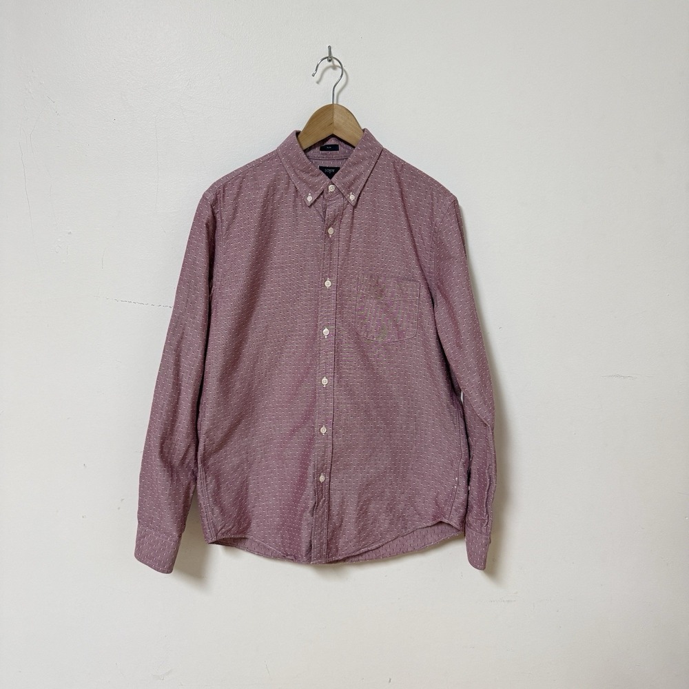 Large J Crew Slim Oxford Light Red Dot Pattern Pocket 100% Cotton Button Down